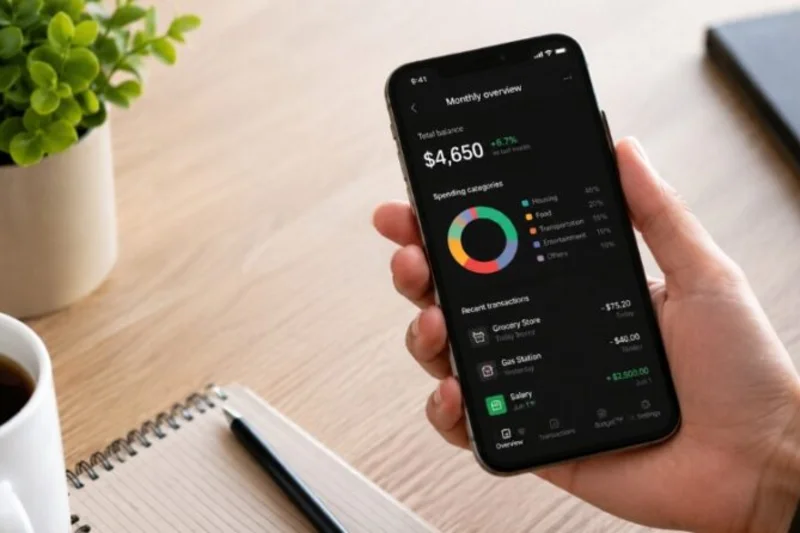 A hand holding a smartphone showing a budgeting app monthly overview