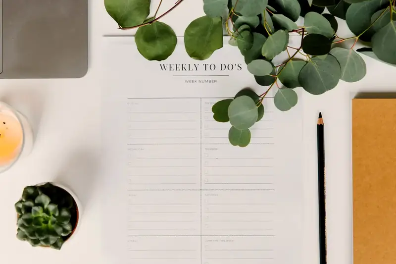 A weekly to-do planner with a plant and pencil on a desk, seen from above